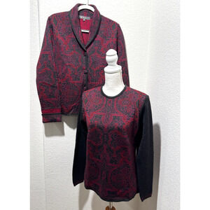 SOL Womens Cardigan Sweater Set Sz L Baby Alpaca Silk Knit Gray Red 2 Piece